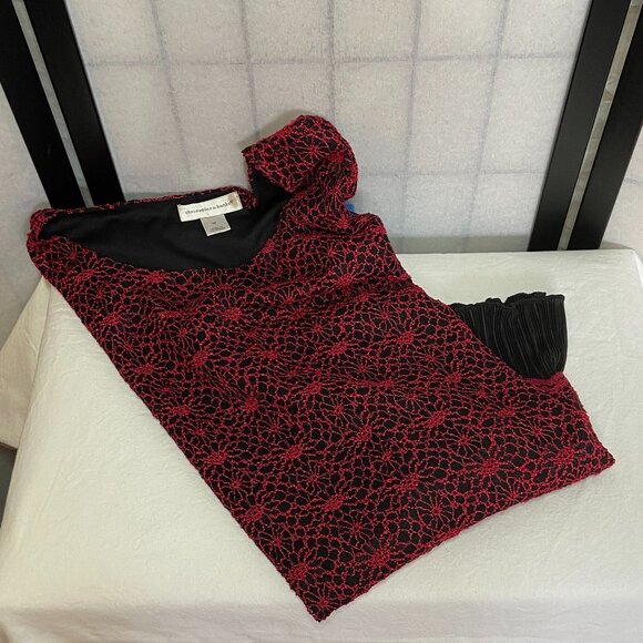 Christopher Banks Long Sleeve Overstitch Lace Sheer Lined Ruffle Tunic Red Black - Picture 6 of 11